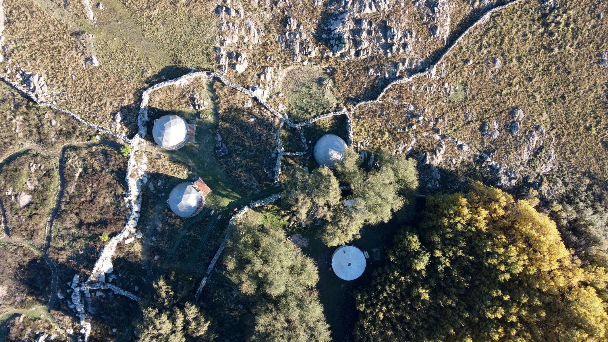 Aerial view of the geodesic domes in the Sierras de Córdoba